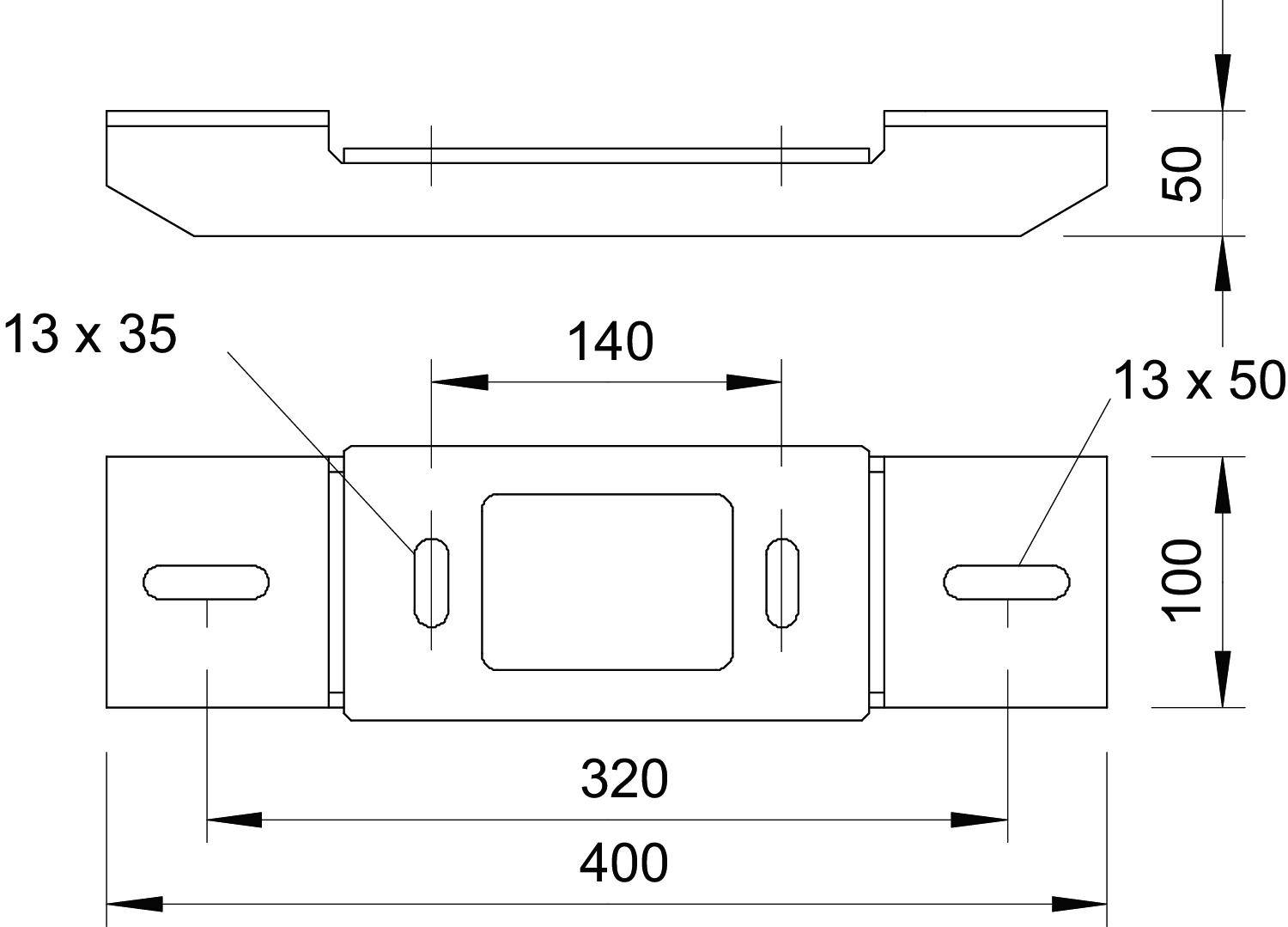 Technische Zeichnung eines Bauteils mit Abmessungen: Länge 400 mm, Breite 100 mm, Höhe 50 mm. Zeigt Front- und Seitenansicht.