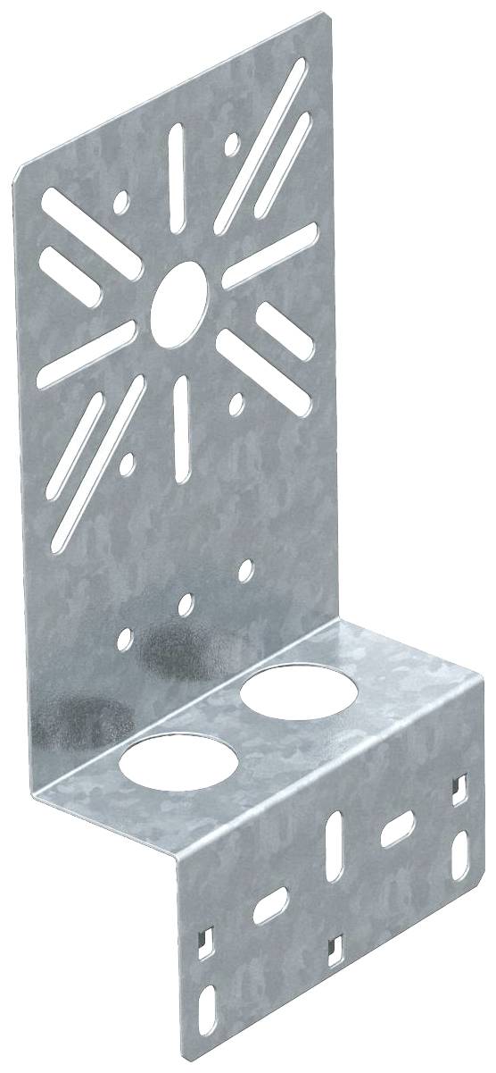 Metallwinkelverbinder mit gestanzten Löchern und Aussparungen, geeignet für Holzbauverbindungen oder strukturelle Befestigungen.