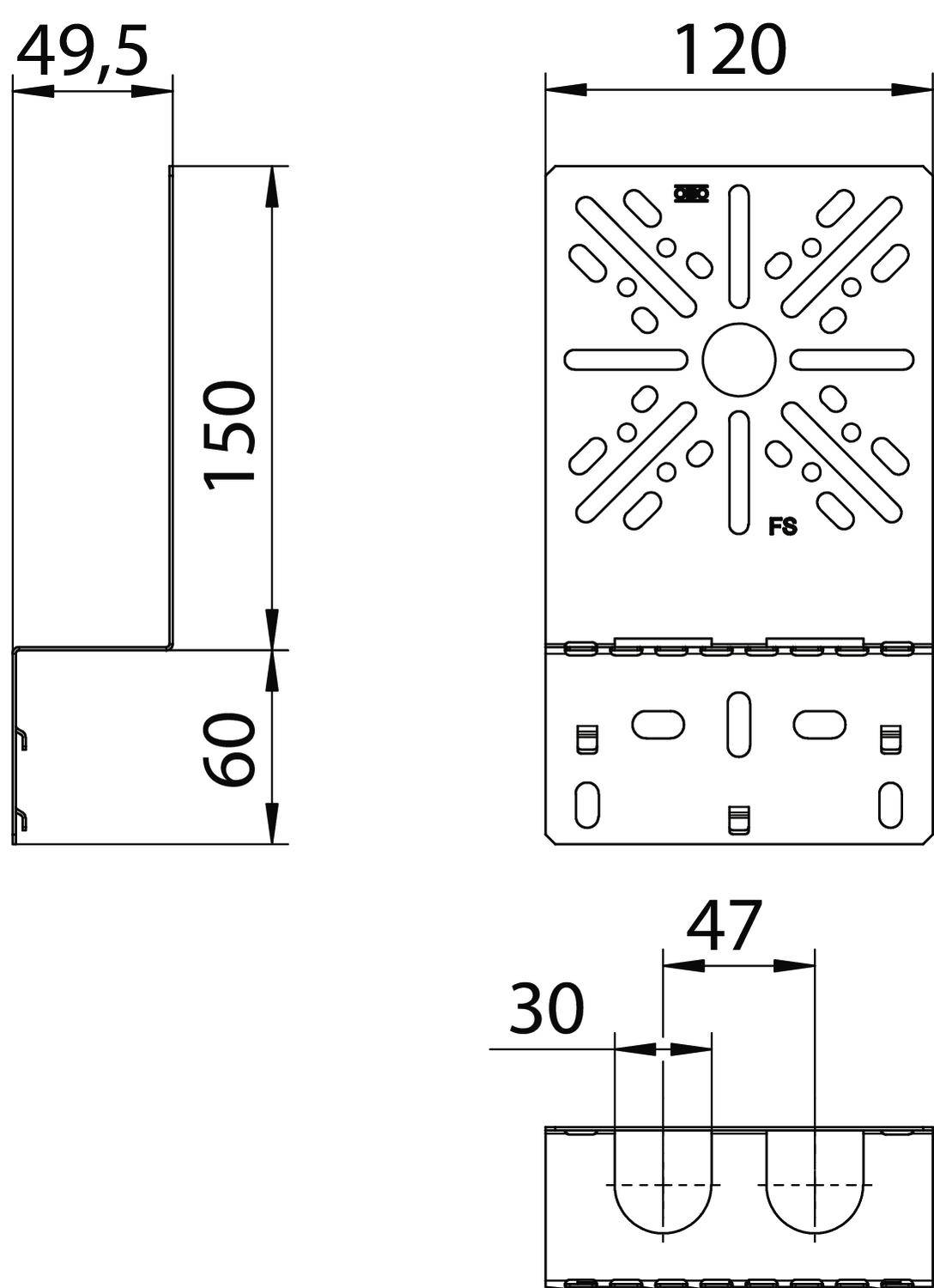 Technische Zeichnung eines Metallwinkels mit Maßen: Höhe 150 mm, Breite 120 mm, Tiefe 49,5 mm. Enthält Lochmuster für Befestigung.