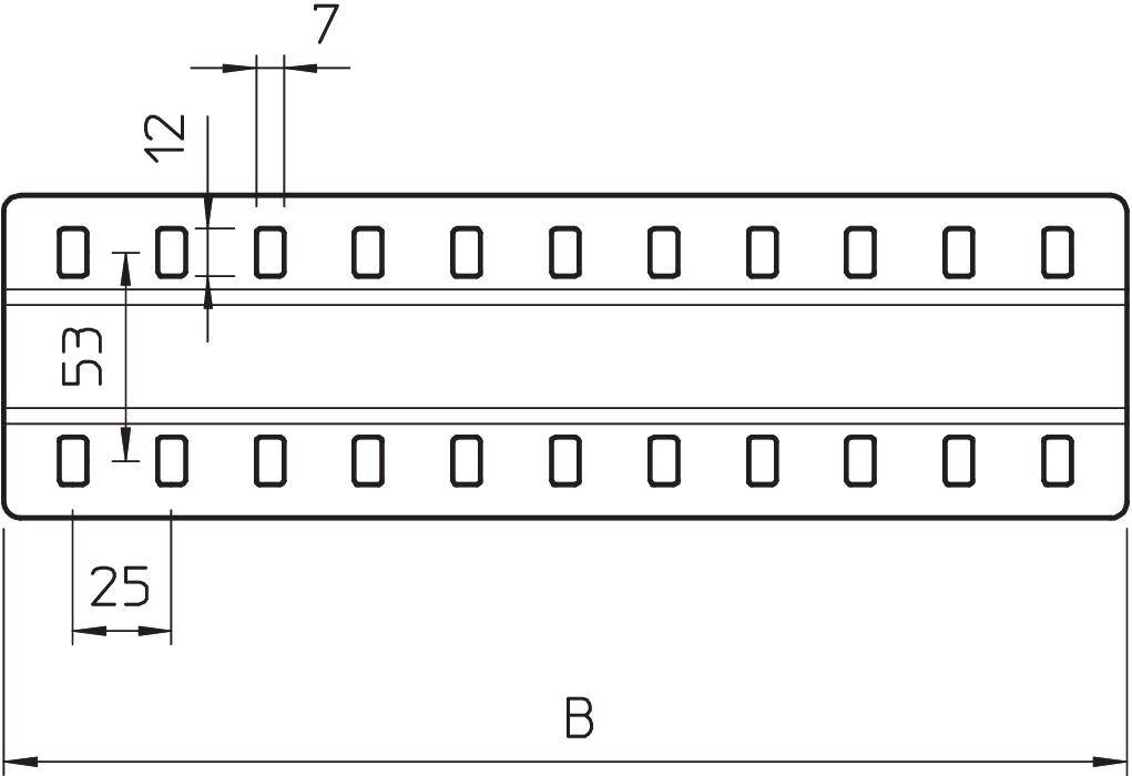 Technische Zeichnung einer rechteckigen Metallplatte mit Maßen: 53x25 mm, Löcher gleichmäßig verteilt, zwei Reihen parallel zur Längsseite.