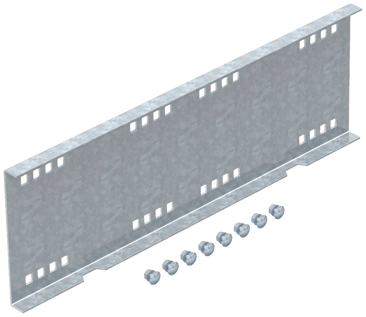 Metallplatte mit rechteckigen Ausschnitten entlang der Ober- und Unterseite. Sechs Schrauben liegen davor.