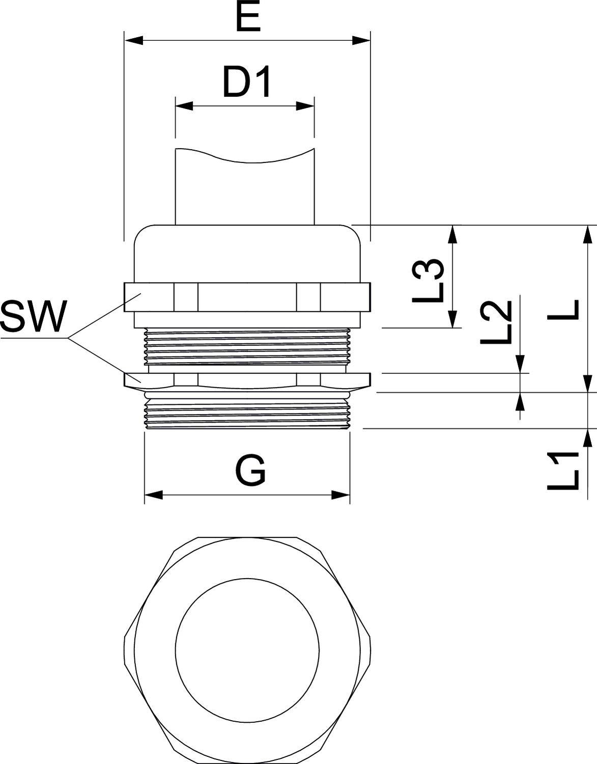 Technische Zeichnung eines zylindrischen Gewindeanschlusses mit Maßen: E, D1, L3, L2, L, L1, SW und G. Draufsicht unten.