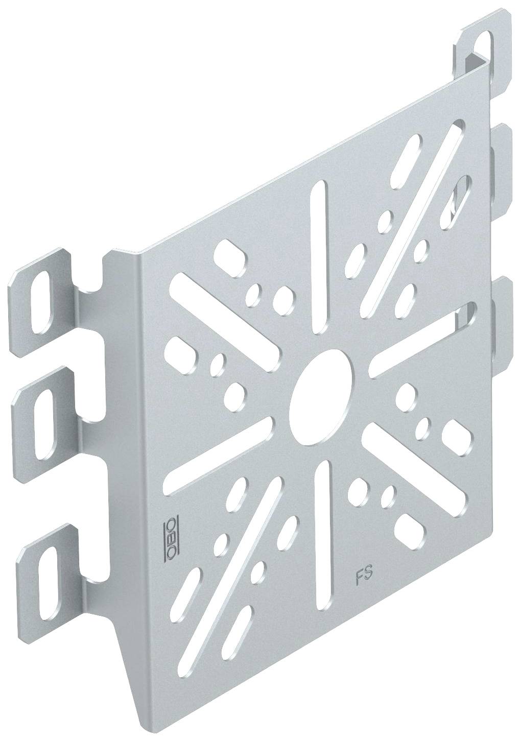 Metallische Montagehalterung mit mehreren symmetrischen Öffnungen und Befestigungslaschen. Verwendet für die Befestigung von Komponenten.