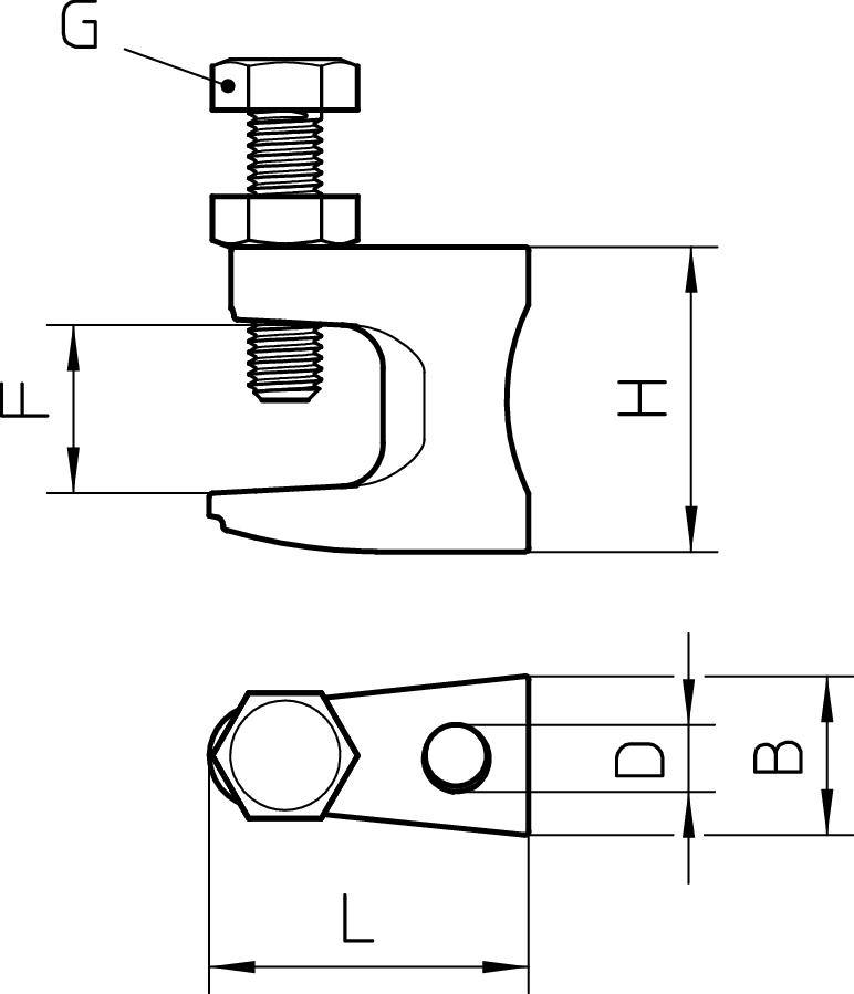 Technische Zeichnung eines Bolzens und Klemmsystems mit Bemaßungen. Oberansicht zeigt Bolzen. Seitenansicht zeigt Klemmenhöhe (H) und Breite (F).