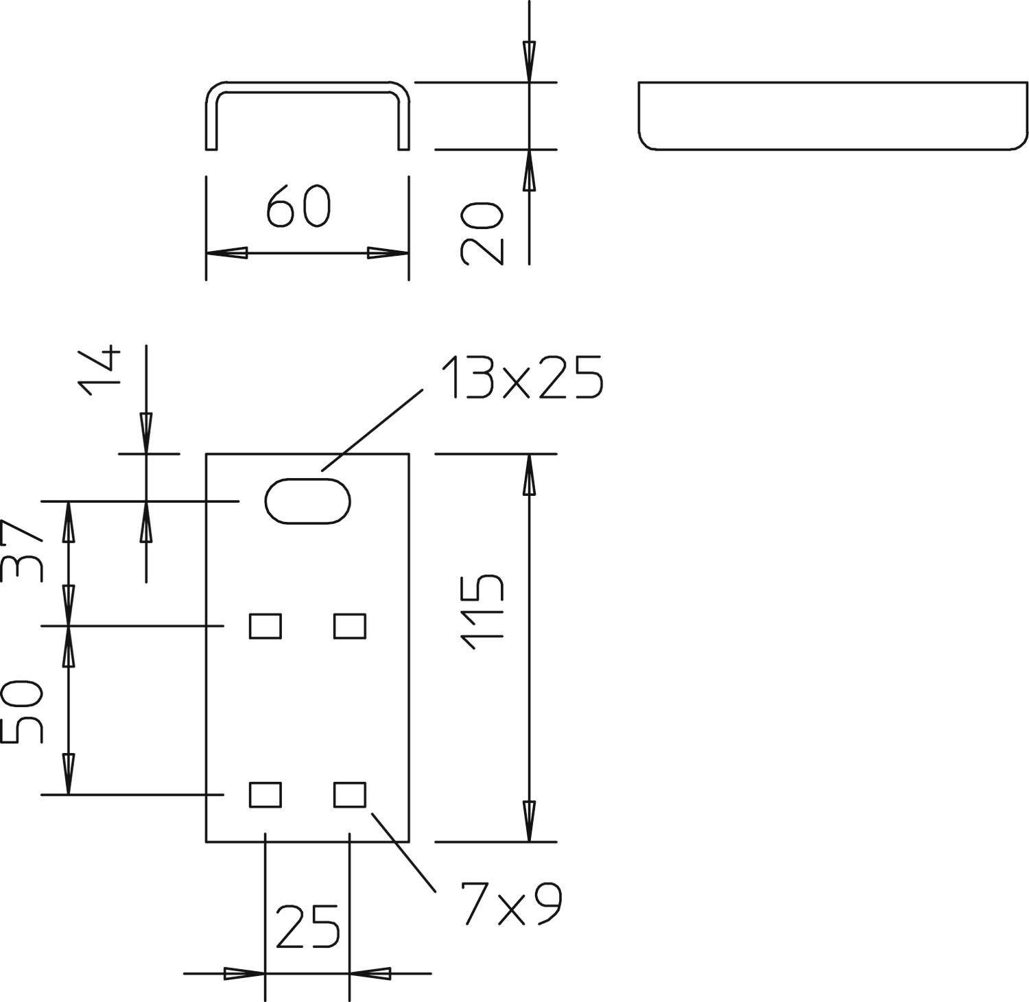 Technische Zeichnung eines rechteckigen Metallbauteils mit Bohrlöchern und Biegung. Maße: 115 x 60 mm, Lochgröße: 13 x 25 mm.