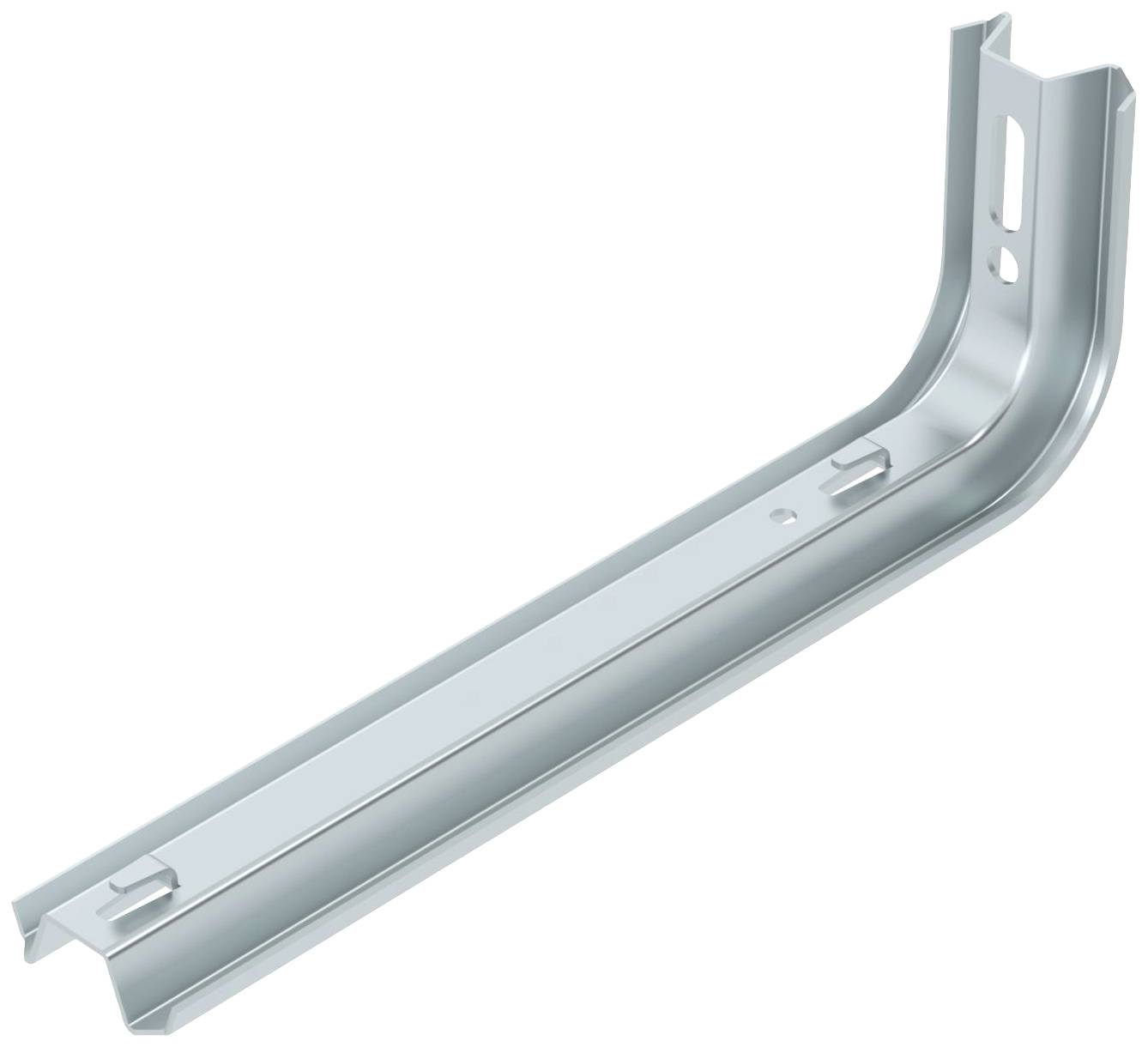 Metallwinkel mit signifikanter Biegung und Montagelöchern; verwendet in Konstruktionen zur Unterstützung oder Befestigung von Strukturen.