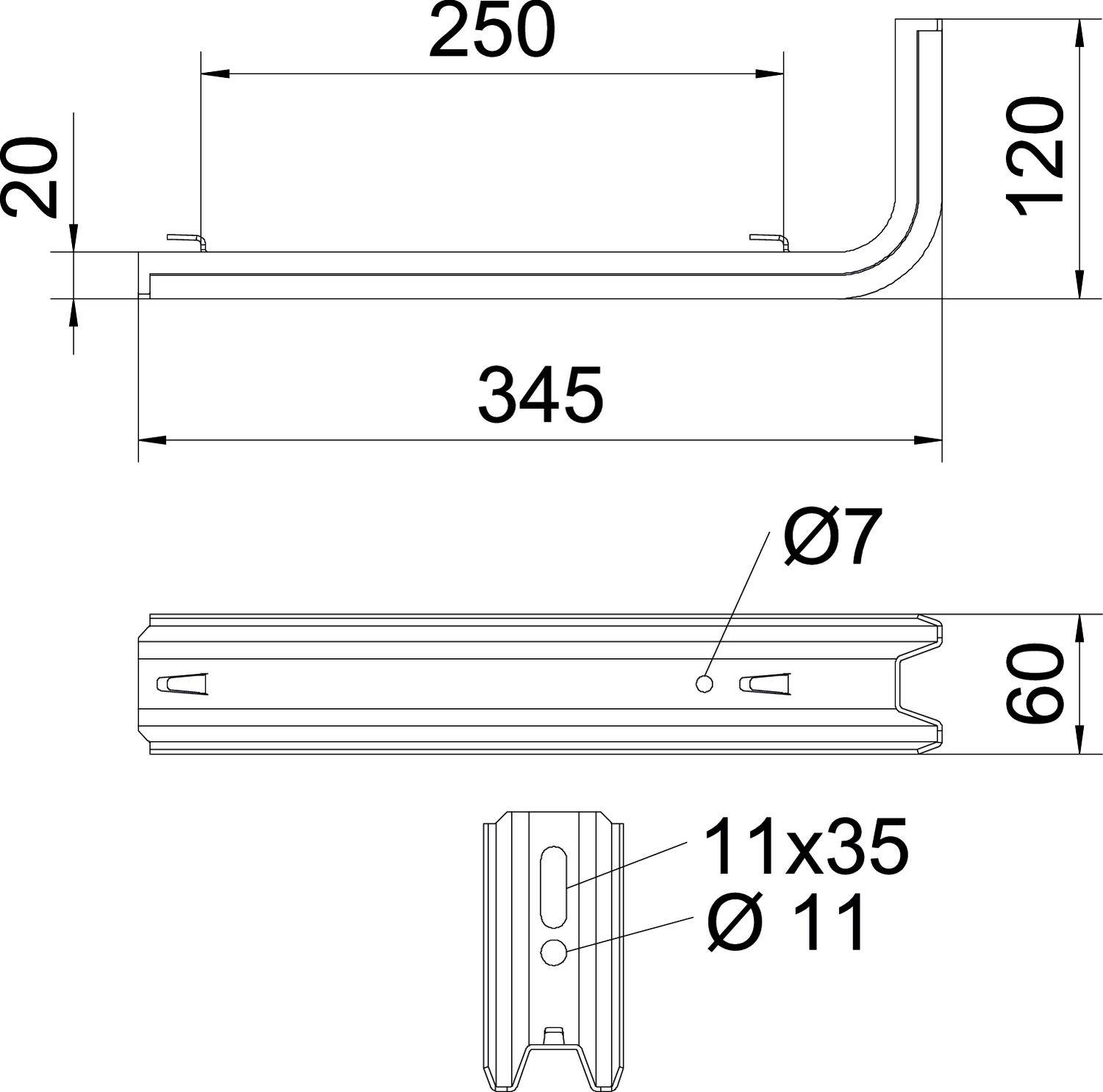 Technische Zeichnung einer Metallhalterung mit Maßen: Breite 345 mm, Höhe 120 mm, Tiefe 250 mm. Seitenschnitt zeigt Ø7 mm Löcher, 60 mm Höhe. Draufsicht und Querschnitt enthalten.