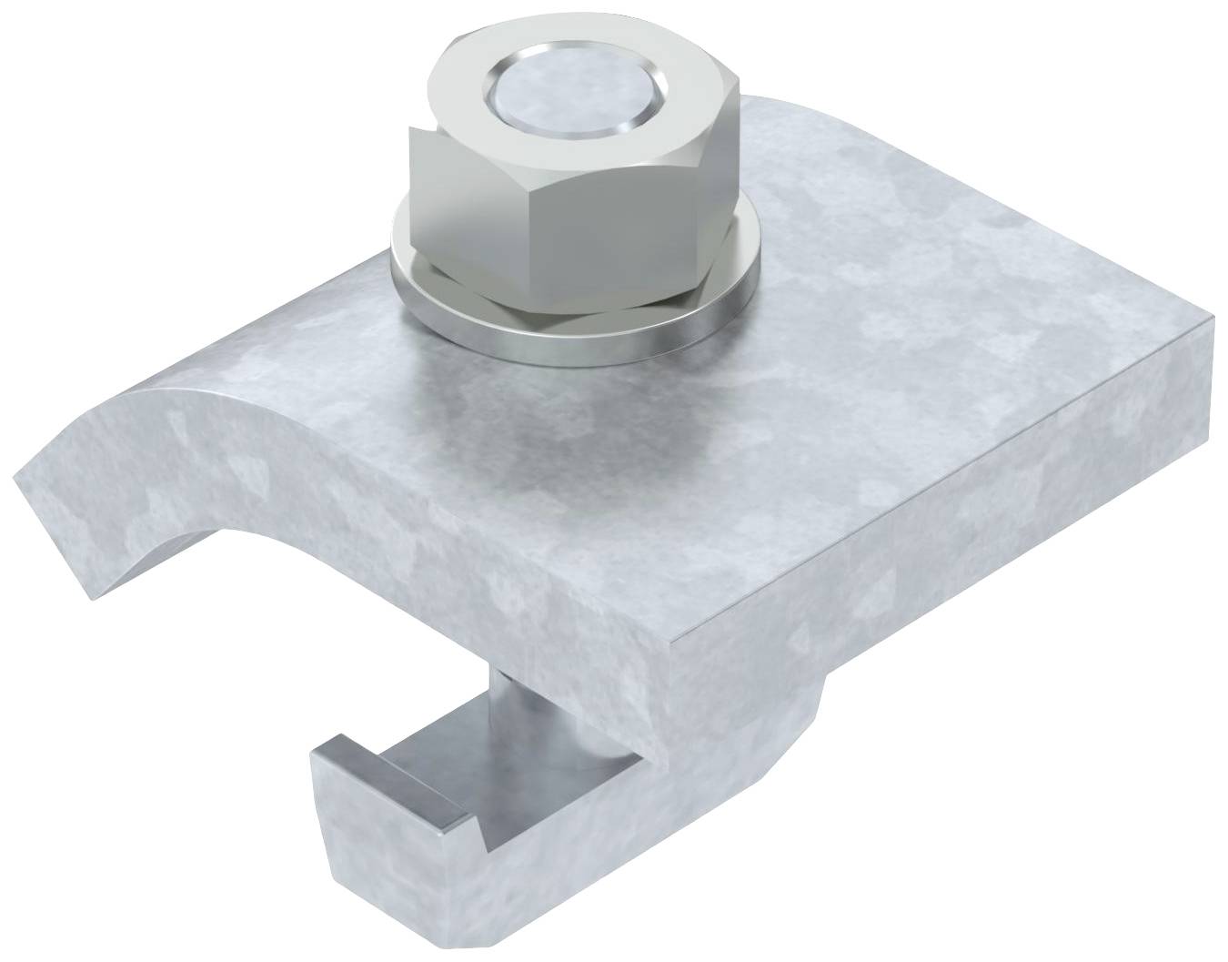 Silberne Metallschraubklemme, L-förmig, mit rundem Bolzen oben. Verwendet zum Befestigen von Metallplatten.
