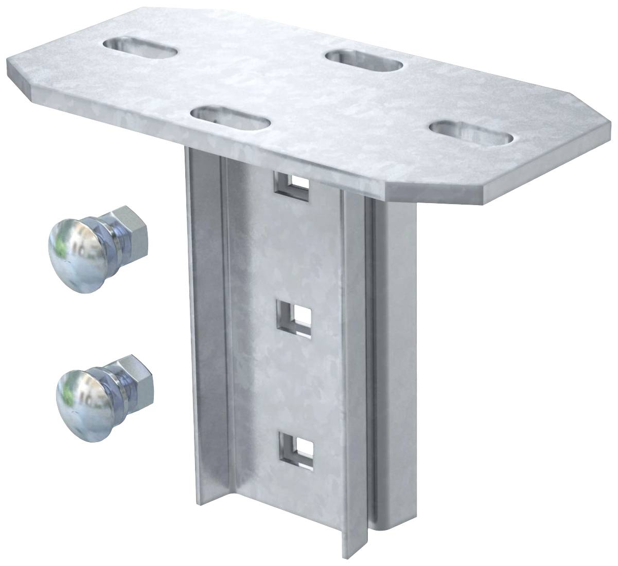 Metallwinkel mit vier Löchern und zwei separaten Schrauben zur Befestigung. Verwendung zur Verbindung von Strukturen.