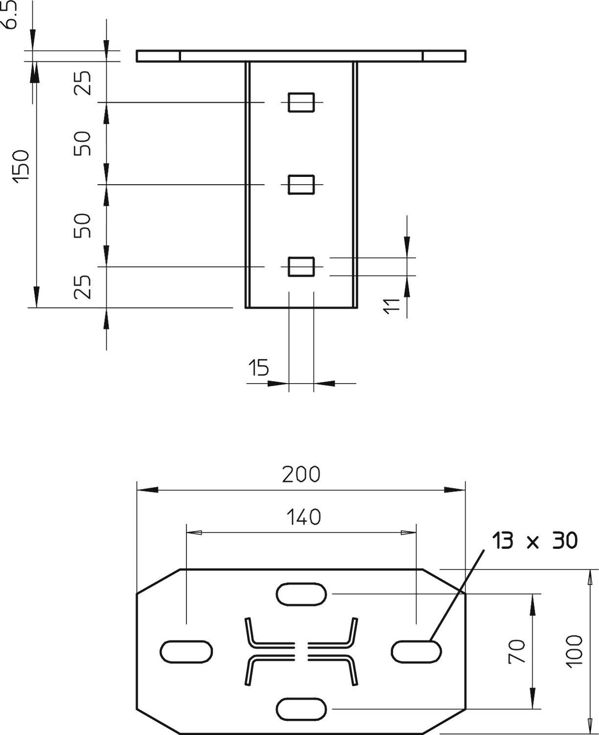 Technische Zeichnung eines Metallträgers mit Maßen: Oben 150x65, Unten 200x140, Höhe 100. Bohrlöcher an verschiedenen Positionen.