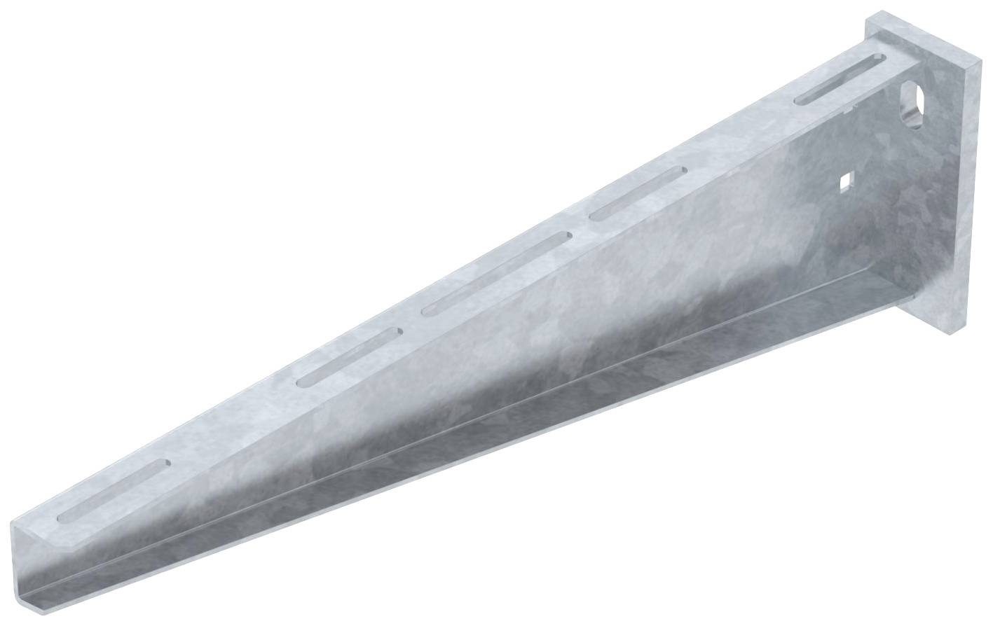 Eine Metallkonsole mit Schlitzen zur Wandmontage, geeignet für die Befestigung von schweren Regalen oder anderen Strukturen.