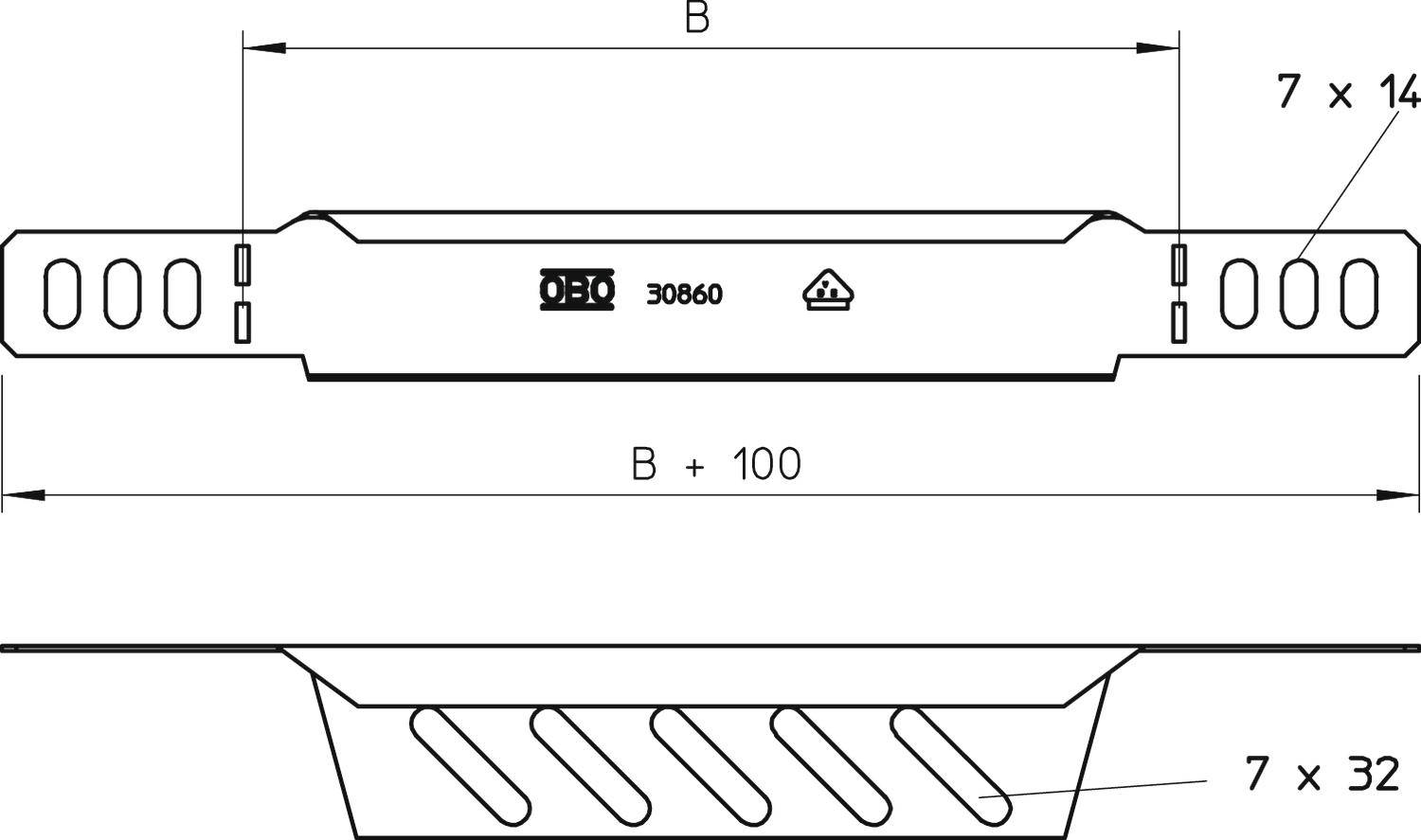 Technische Zeichnung eines Bauteils mit Abmessungen. Die obere Breite ist 'B', die untere 'B + 100'. Seitliche Löcher sind '7 x 14' und '7 x 32'.