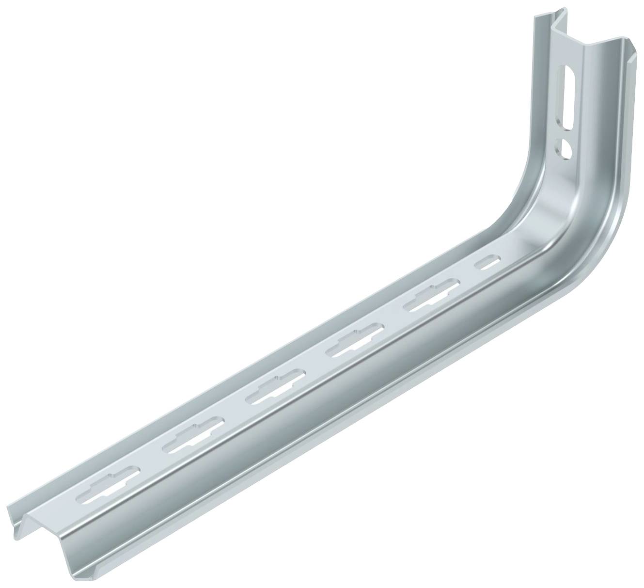 Metallwinkelhalterung mit rechteckigen Aussparungen entlang der Längsseite, oft zur Befestigung von Regalen an Wänden genutzt.