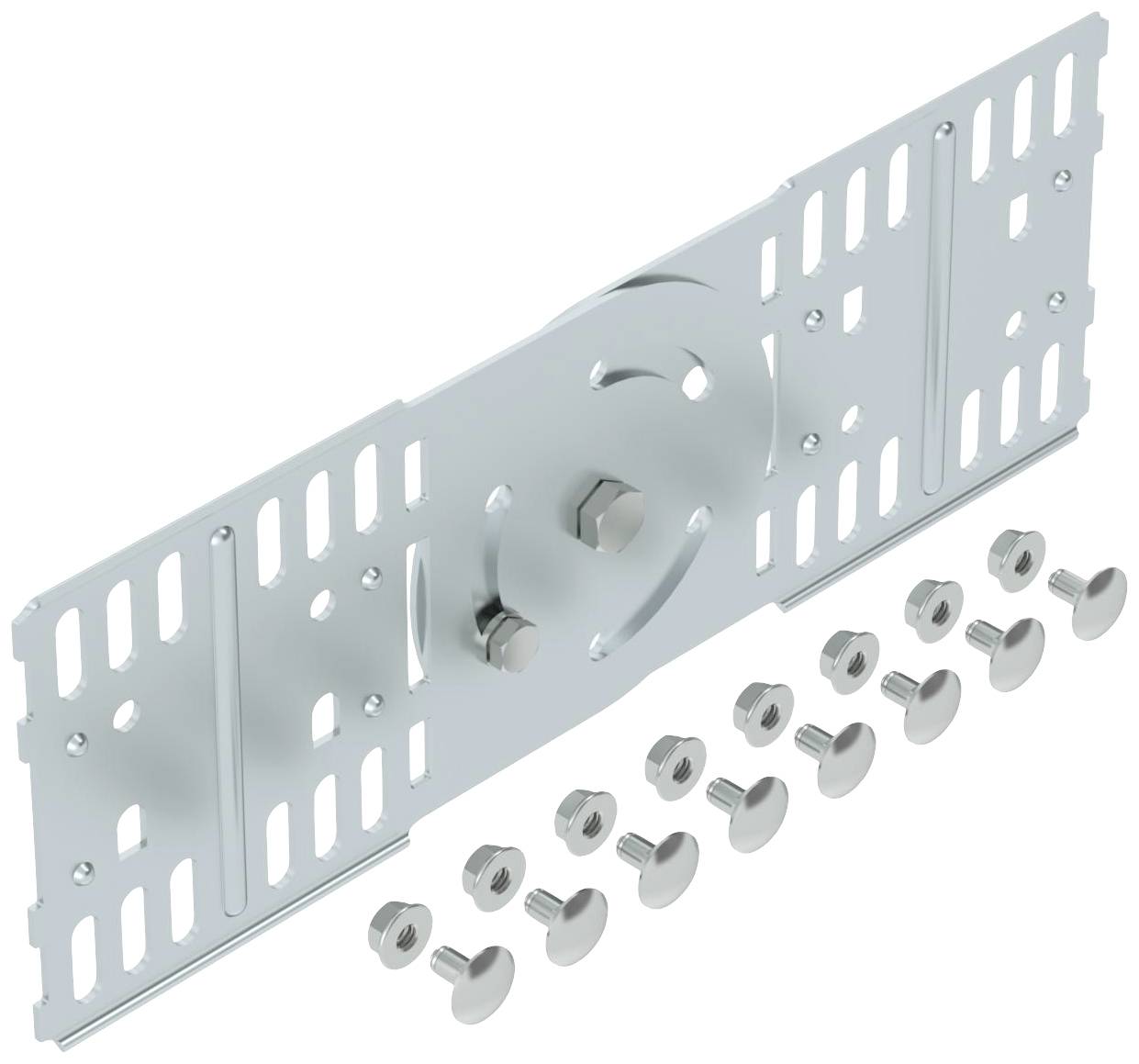 Metallwinkel mit Schrauben: Ein großer, silberner Metallwinkel, der von mehreren Schrauben begleitet wird, auf weißem Hintergrund.
