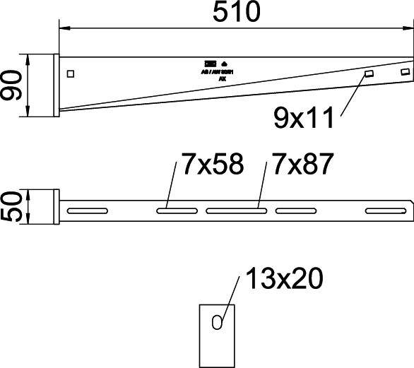 Technische Zeichnung einer Metallhalterung mit den Maßen: 510 mm Länge, 90 mm Höhe, 50 mm Tiefe. Bohrungen: 9x11, 7x58, 7x87, 13x20.