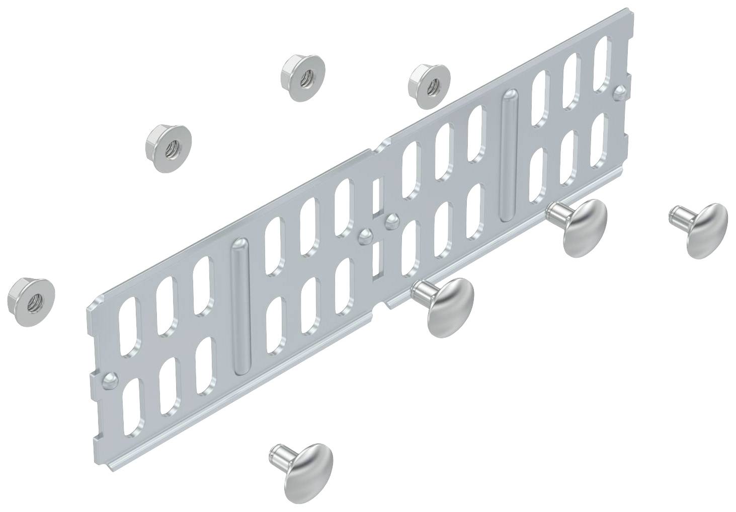 Metallplatte mit rechteckigen Aussparungen, umgeben von Schrauben. Sie scheint Teil einer Befestigungsvorrichtung zu sein.
