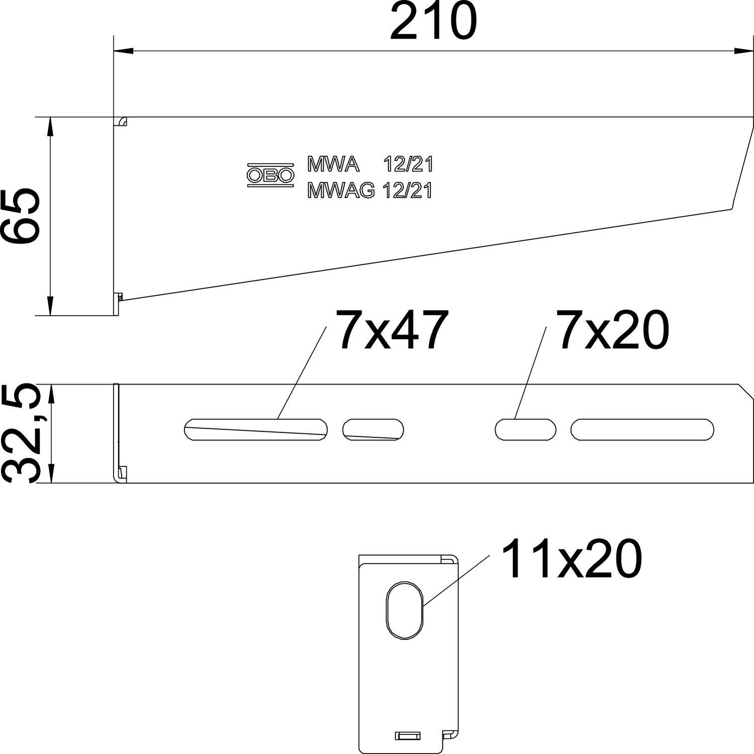 Technische Zeichnung eines metallischen Bauteils: Länge 210mm, Höhe 65mm, mit Schlitzen (7x47mm, 7x20mm) und Loch (11x20mm).