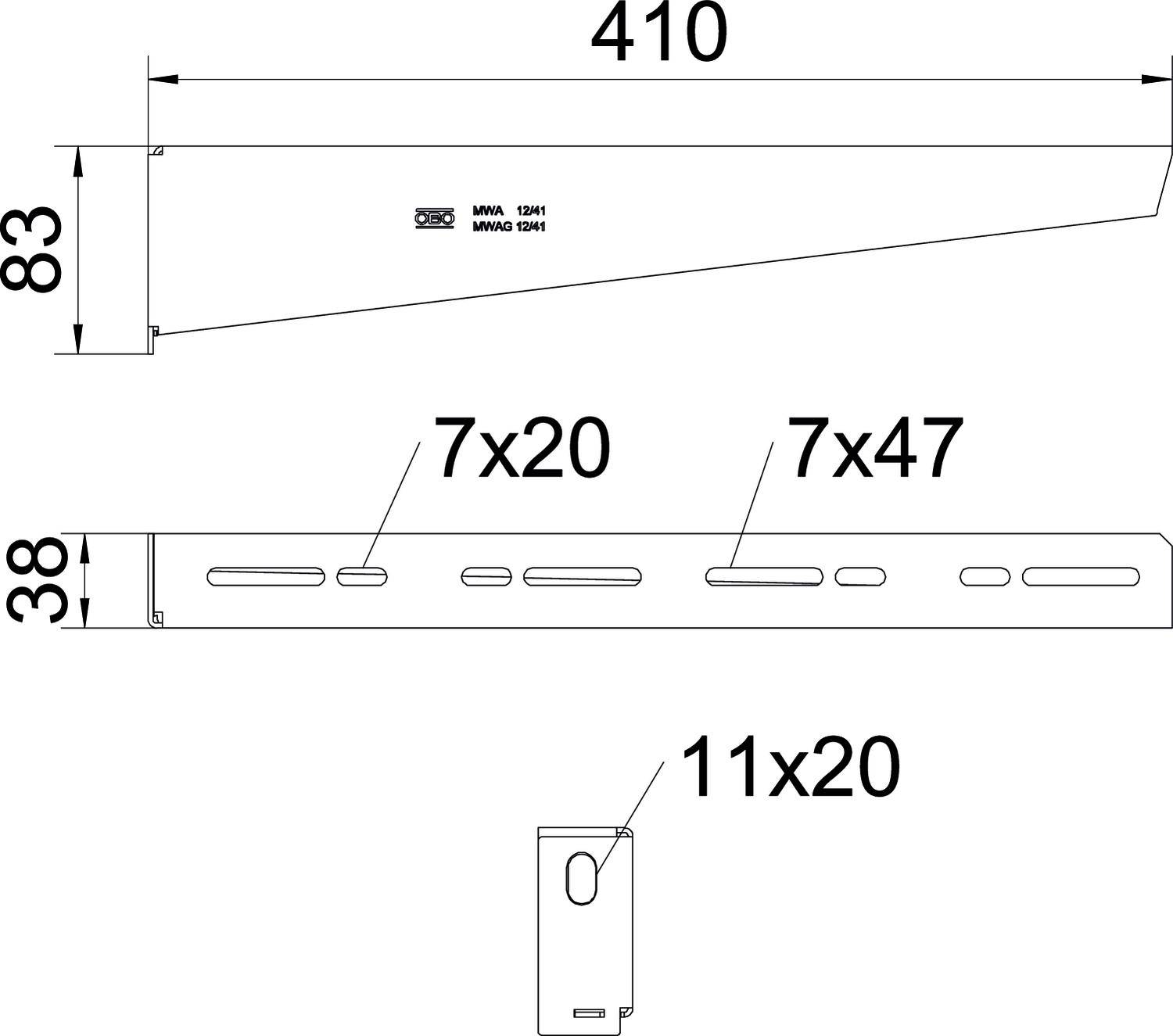 Technische Zeichnung eines Metallträgers. Maße: 410 mm lang, 83 mm und 38 mm hoch. Löcher: 7x20 mm, 7x47 mm, 11x20 mm.