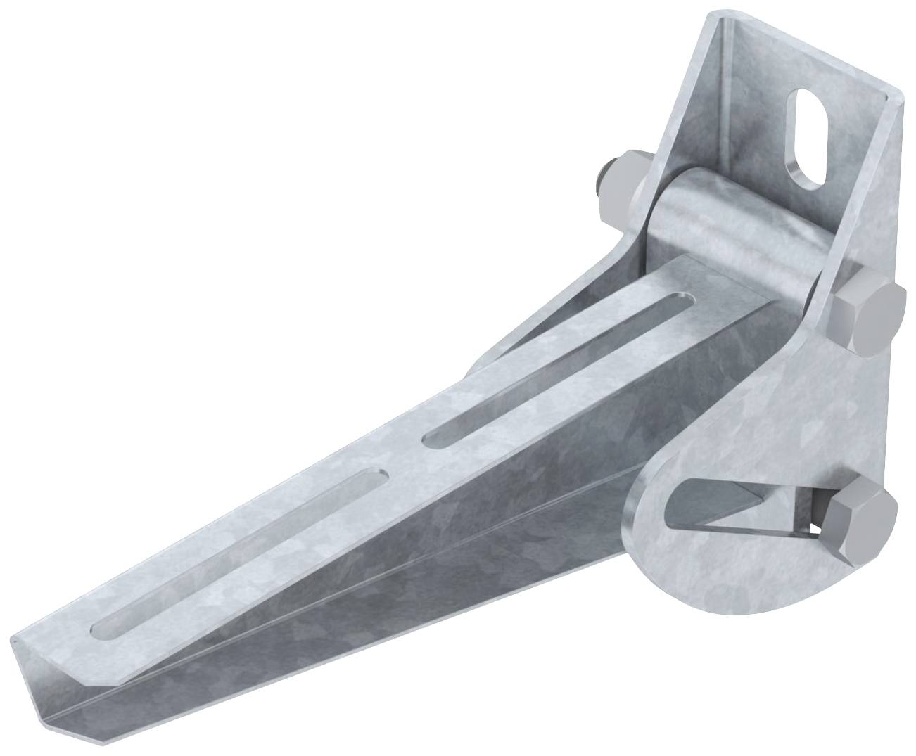 Montagewinkel aus Metall mit zwei Schraubenlöchern und einschiebbarer Halterung. Geeignet zur Wand- oder Deckenmontage.