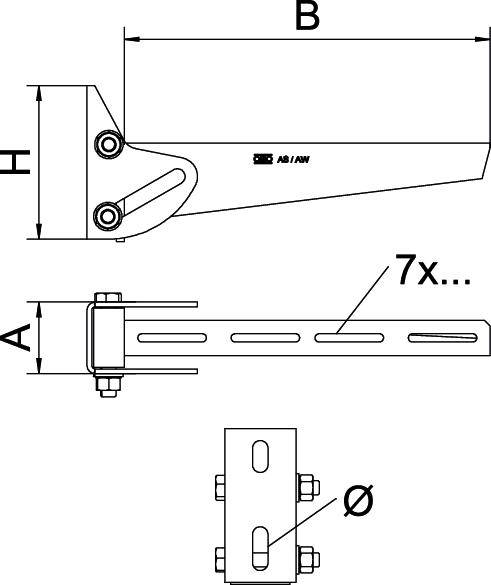 Technische Zeichnung eines Metallwinkels zur Wandmontage. Maße H, B, A und 7 Befestigungspunkte angegeben. Seiten- und Oberansicht dargestellt.