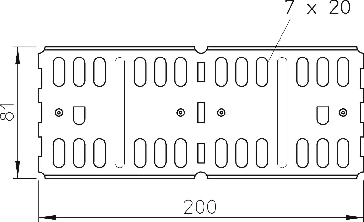 Technische Zeichnung eines rechteckigen Metallgitterblechs mit Maßen 200 mm x 81 mm. Oben rechts steht '7 x 20'.