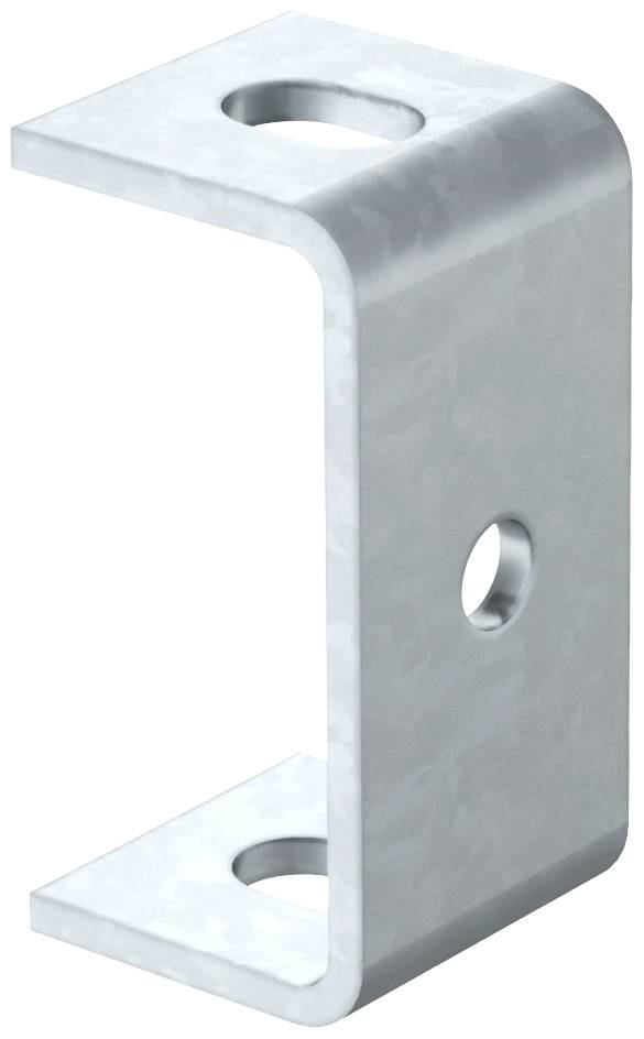 Metallwinkel mit drei Löchern: zwei an den Enden und eins in der Mitte. Verwendet für Befestigungen oder Verbindungen.