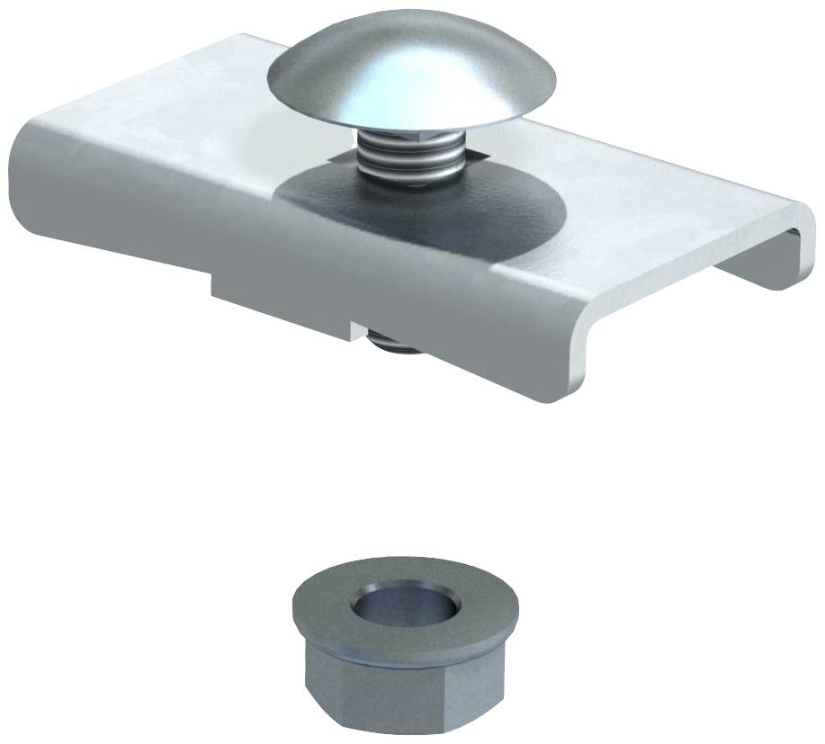 Metallische technische Komponente mit einer runden Kappe und Schraubgewinde, darunter eine separate, zylindrische Mutter.