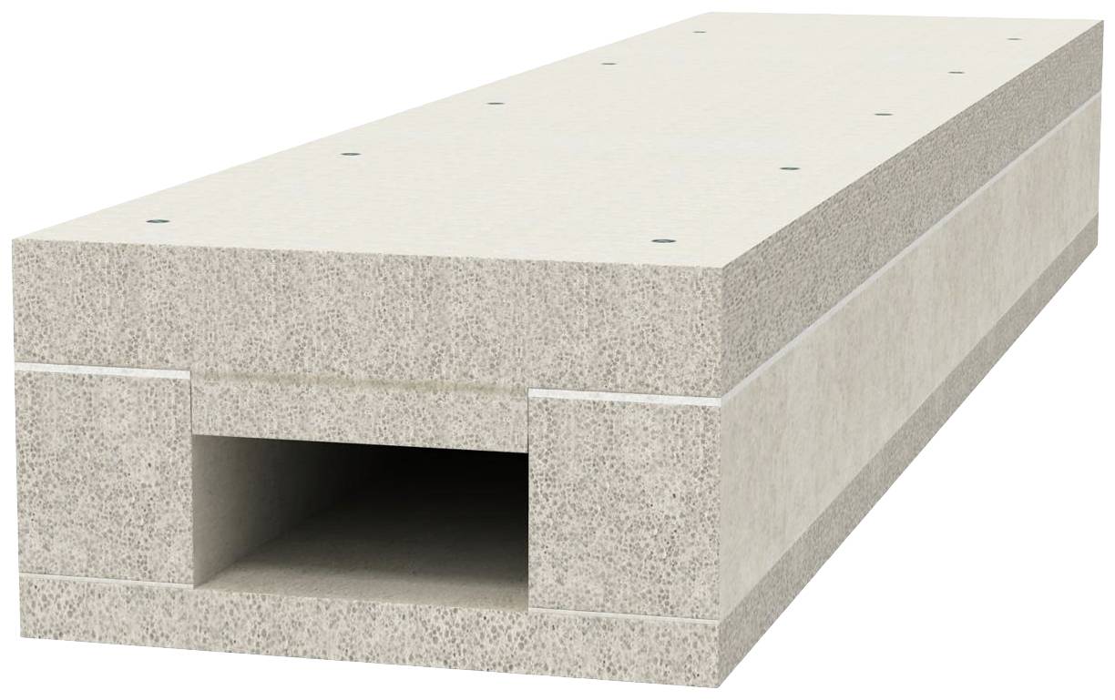 Betonhohlblock mit rechteckigem Hohlraum in der Mitte, hellgraue Oberfläche. Verwendet im Bau für Stabilität und Isolation.