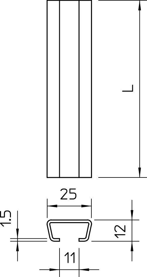 Technische Zeichnung eines Metallprofils. Oben eine Seitenansicht mit Länge 'L', unten eine Querschnittsansicht mit Maßen: 25 mm Breite, 11 mm Innenbreite, 12 mm Höhe.