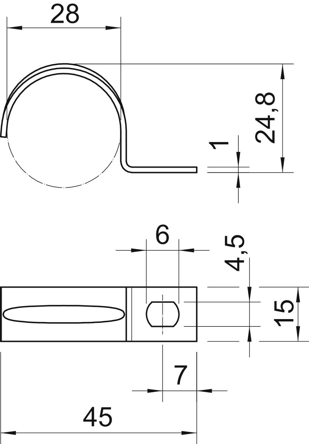 Skizze eines Rohrschellenhalters: Seitenansicht zeigt Maße 28mm Durchmesser, 24,8mm Höhe. Draufsicht mit 45mm Länge, 15mm Breite.