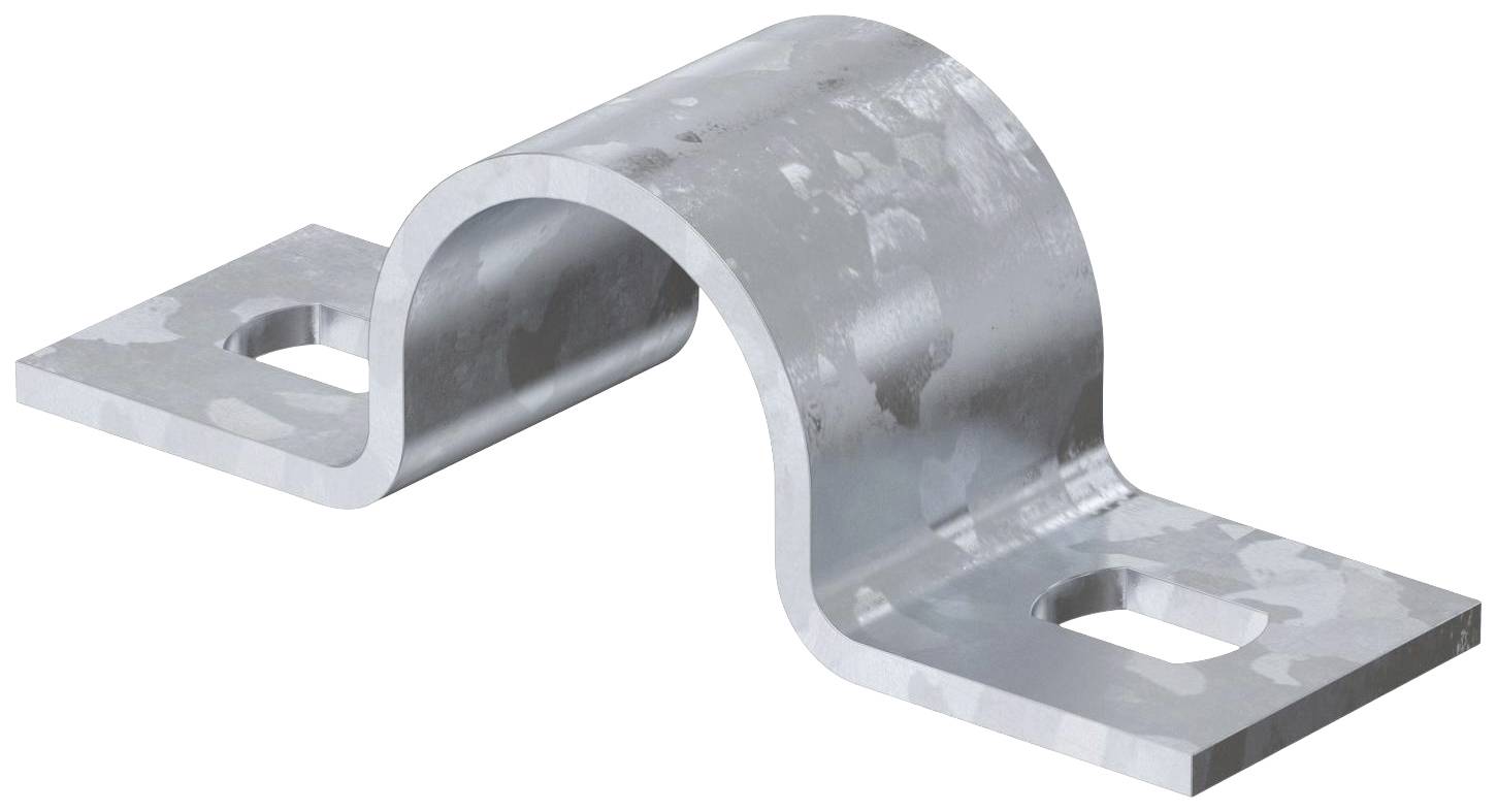 Metallhalterung mit zwei quadratischen Basisplatten und einer gebogenen Auflagefläche in der Mitte. Geeignet zur Befestigung von Rohren.