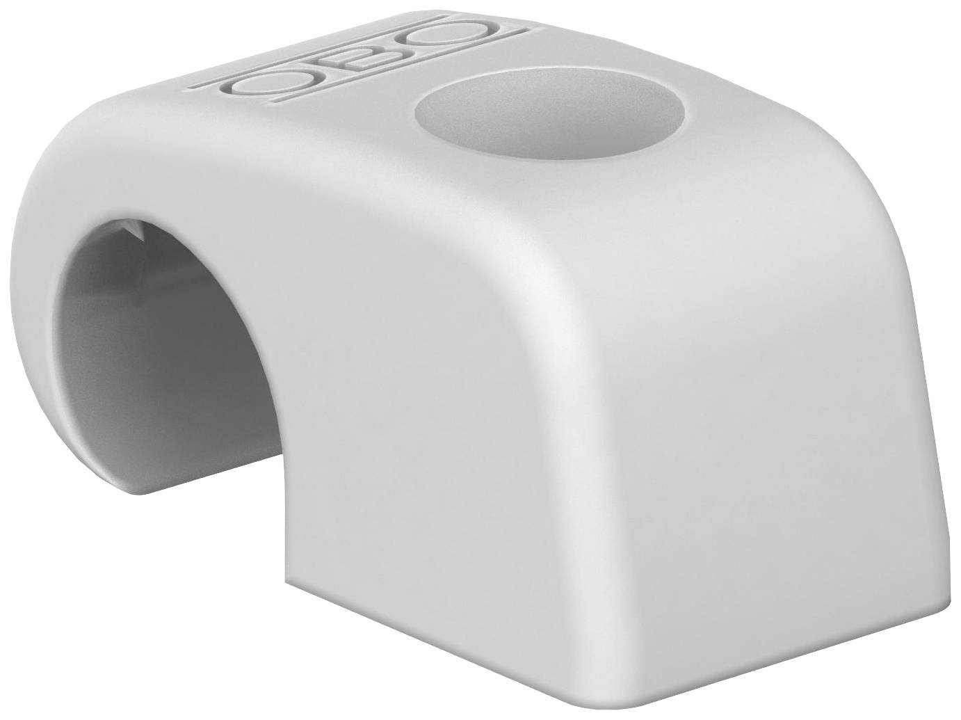 Weiße Kunststoffkabelklemme mit eingeprägtem 'OBO'-Logo.
