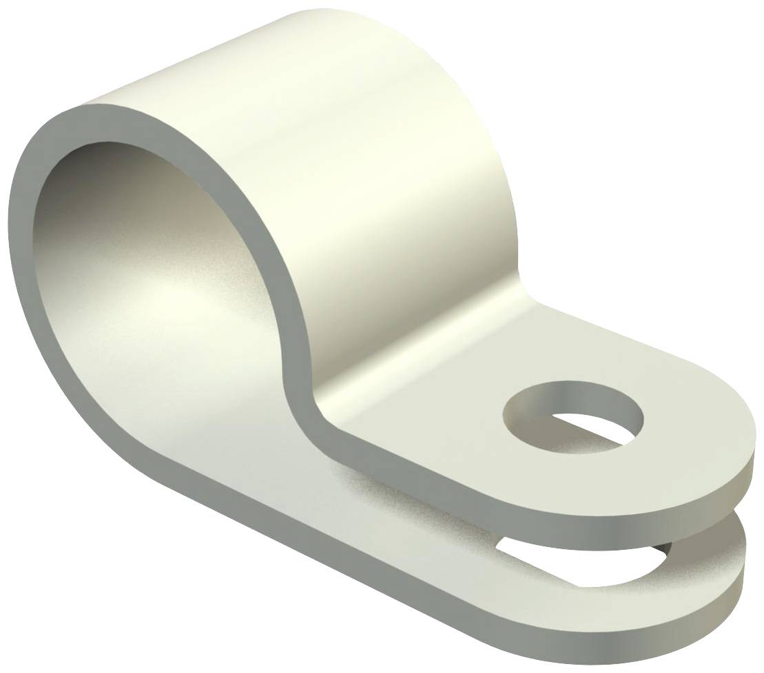 Silberne Kabelschelle aus Metall, zylindrische Form mit einem Loch für Befestigung.