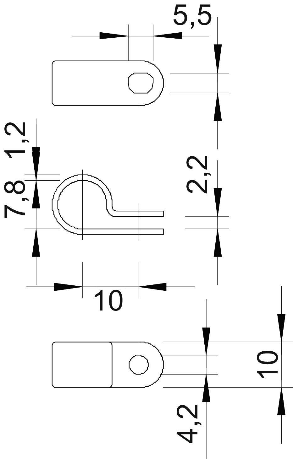 Technische Zeichnung eines Bauteils mit Maßen: Länge 10 mm, Breite 5,5 mm, Höhe 7,8 mm. Zwei Ansichten sowie Querschnitt mit Detailmaßen.
