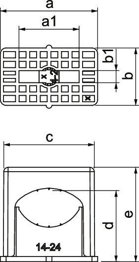 Technische Zeichnung eines Bauteils mit Maßangaben: a, a1, b, b1, c, d, e. Oberansicht zeigt Rasterstruktur, Seitenansicht zeigt rechteckiges Gehäuse.