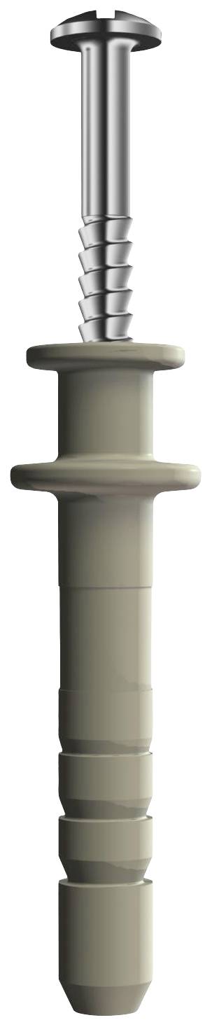 Eine Kunststoffdübel-Nagelkombination in grau mit einem gerippten Schaft und einem silbernen Nagel, vertikal ausgerichtet.