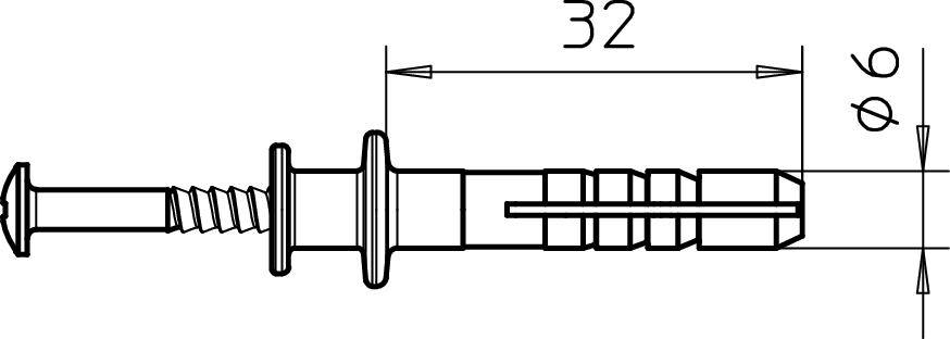 Technische Zeichnung eines Dübels mit Schraube. Länge: 32 mm, Durchmesser: 6 mm. Detaillierte Ansicht der Komponenten und Maße.