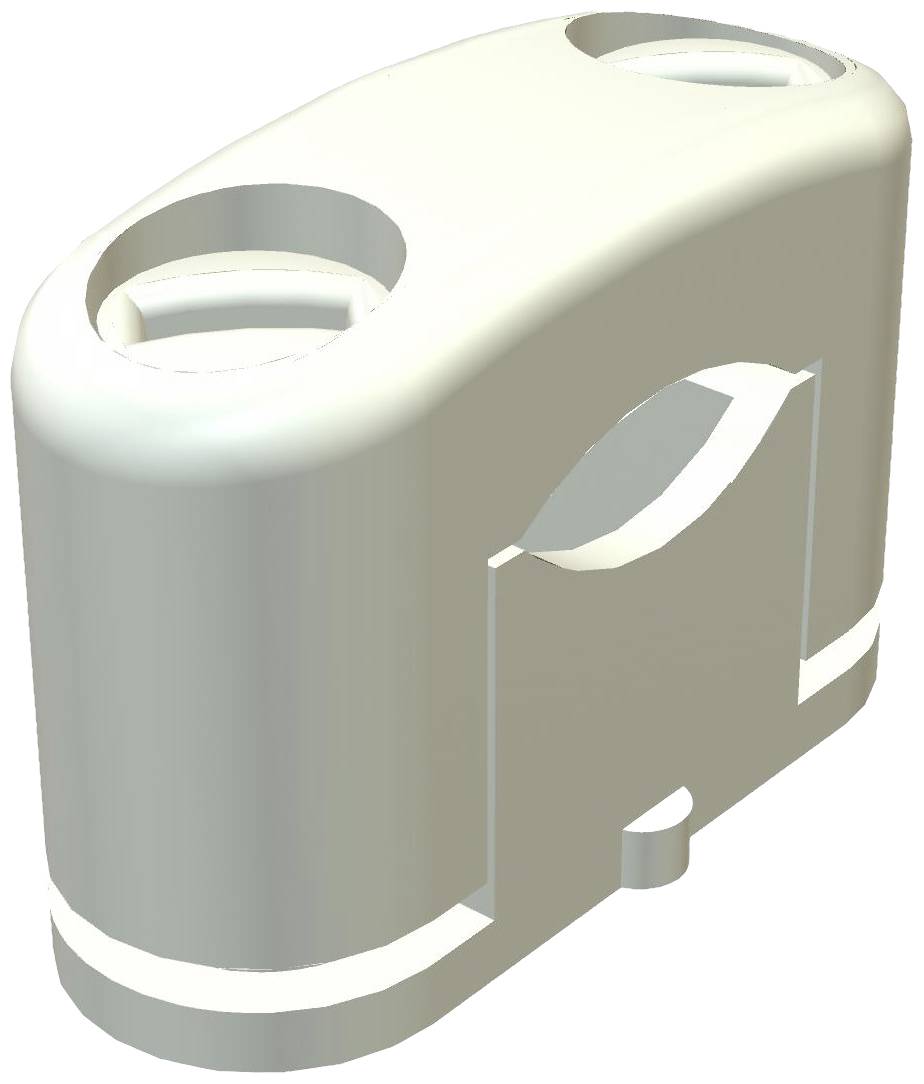 Ein kleines, weißes Kunststoffteil mit zwei runden Öffnungen oben und einer Aussparung an der Seite, vermutlich für technische Zwecke.