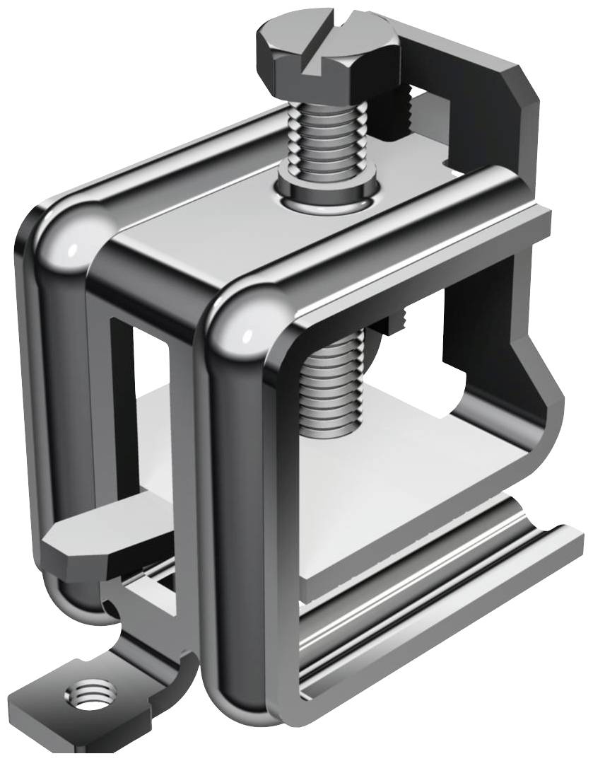 Silberne Metallklemme mit Schraube, zur Befestigung und Verbindung von Bauteilen, in diagonaler Ansicht dargestellt.