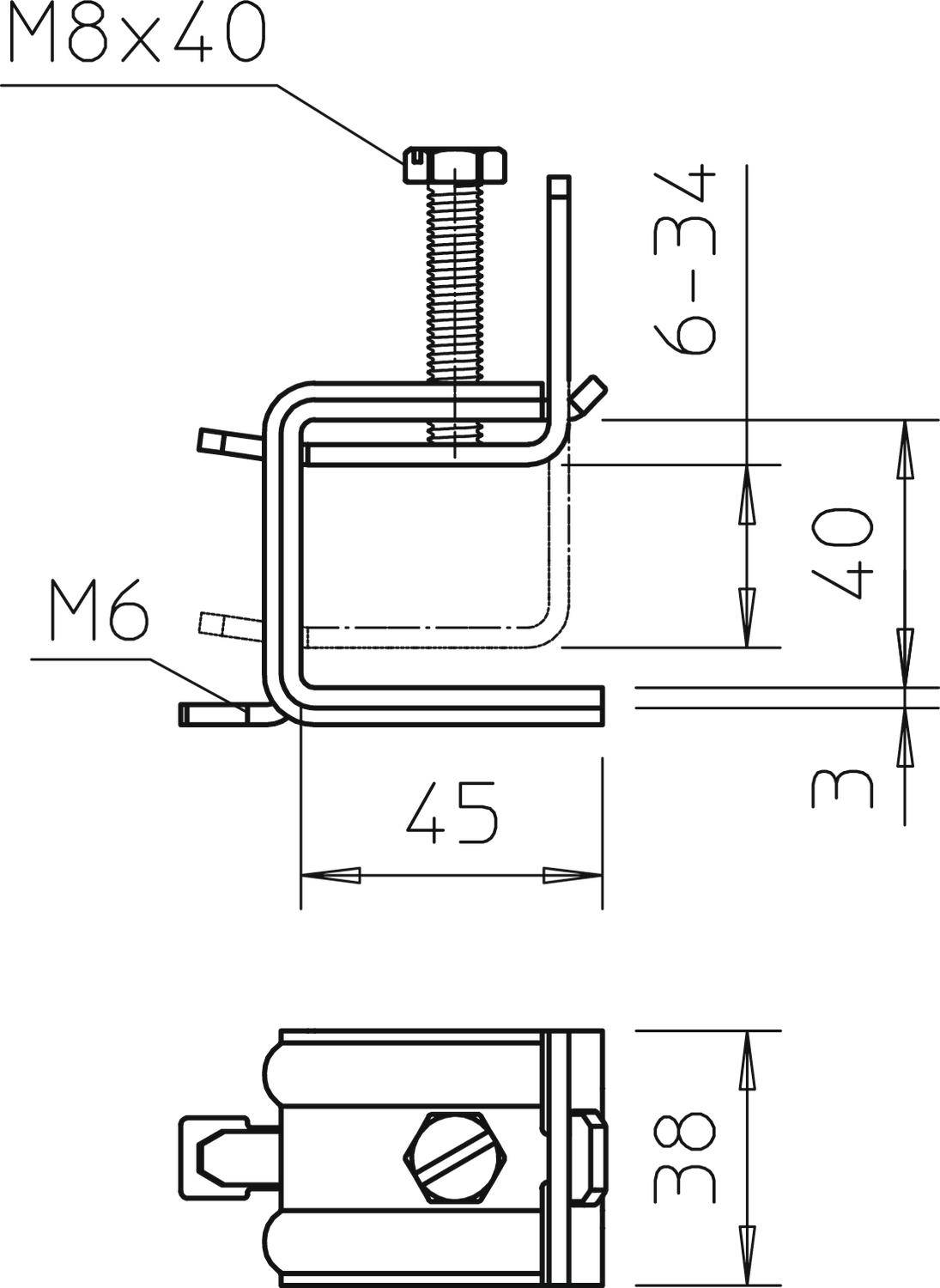 Technische Zeichnung einer U-Halterung mit Schraubenmaßen M8x40 und M6. Gesamthöhe 40 mm, Breite 45 mm, verstellbar 6-34 mm.