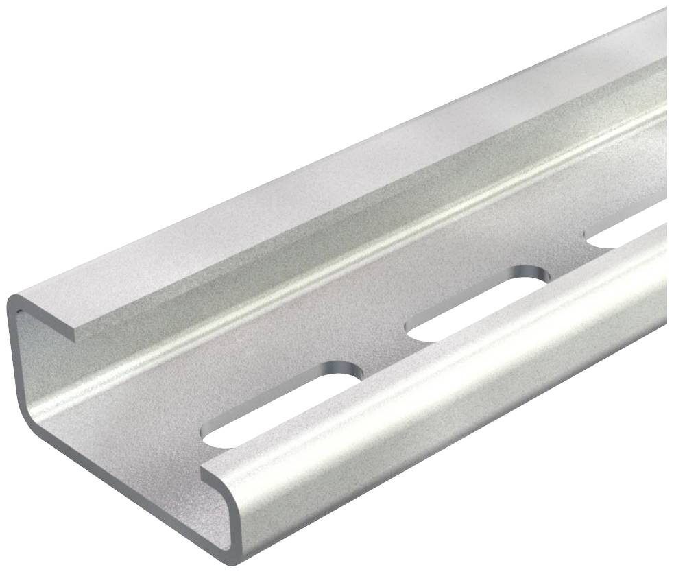 Metallschiene im Profil mit gleichmäßig verteilten, rechteckigen Aussparungen entlang der Mitte.