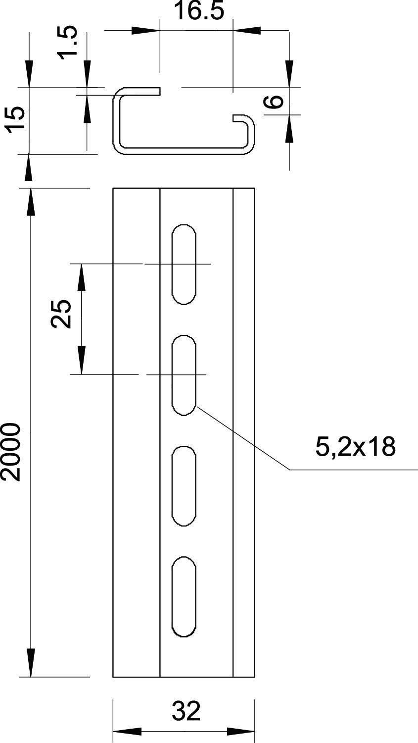 Technische Zeichnung eines Metallprofils: Maße 2000x32x15mm, Detailansicht von Schlitzen, rechten Seitenansicht und oberen Querschnitt.