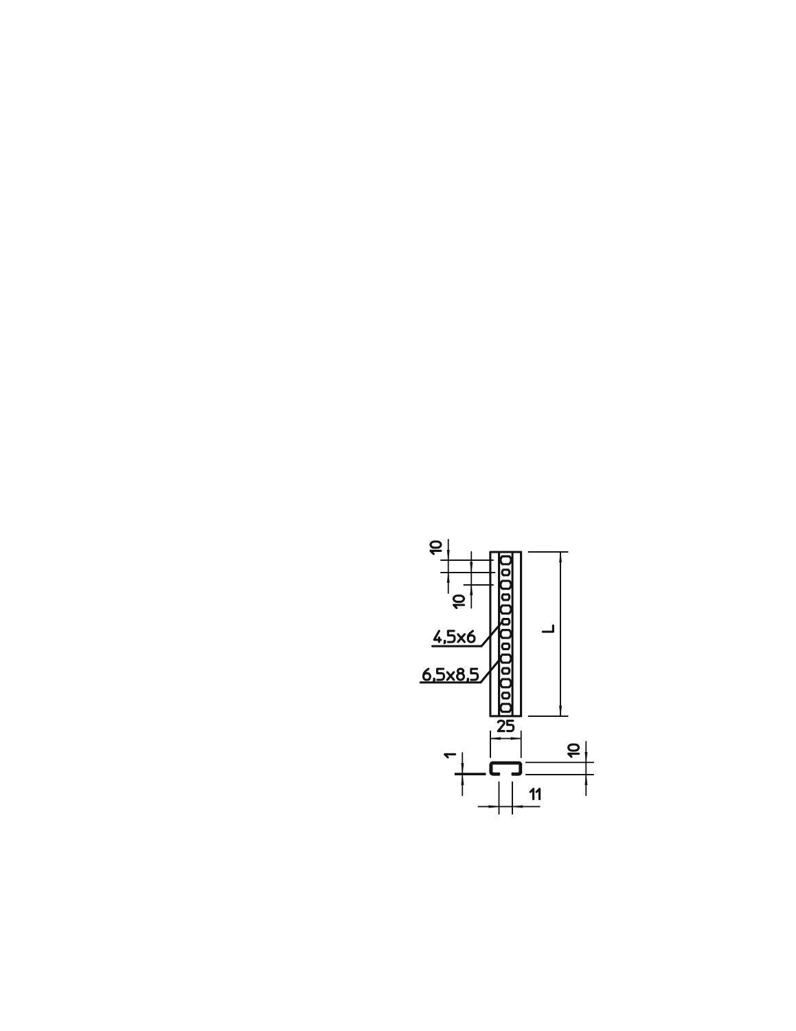 Technische Zeichnung eines Bauteils mit Maßen. Es zeigt eine rechteckige Struktur mit detaillierten Maßangaben wie 4,5x6 und 6,5x6,5.