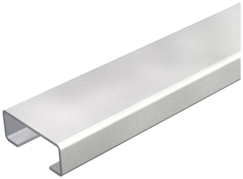 Ein silbernes, U-förmiges Metallprofil vor weißem Hintergrund.