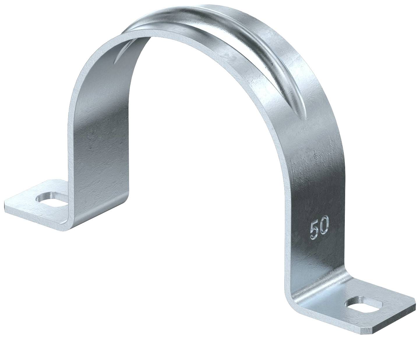 Metallbügel mit zwei Befestigungslöchern an den Enden, halbrund gebogen. Geprägt mit der Zahl '50', vermutlich zur Größenangabe.