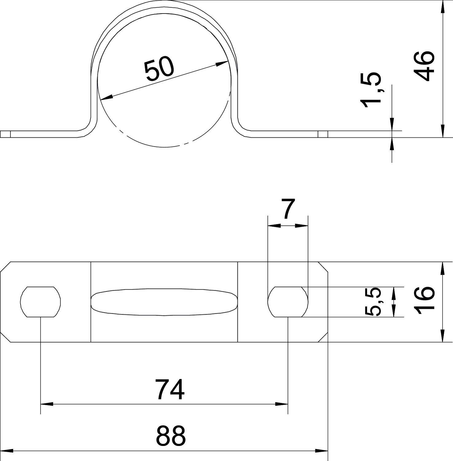 Technische Zeichnung einer Metallklemme: Oben Rundprofil mit Durchmesser '50', Höhe '46'. Unten Basisplatte: Länge '88', Breite '16', Lochabstände markiert.