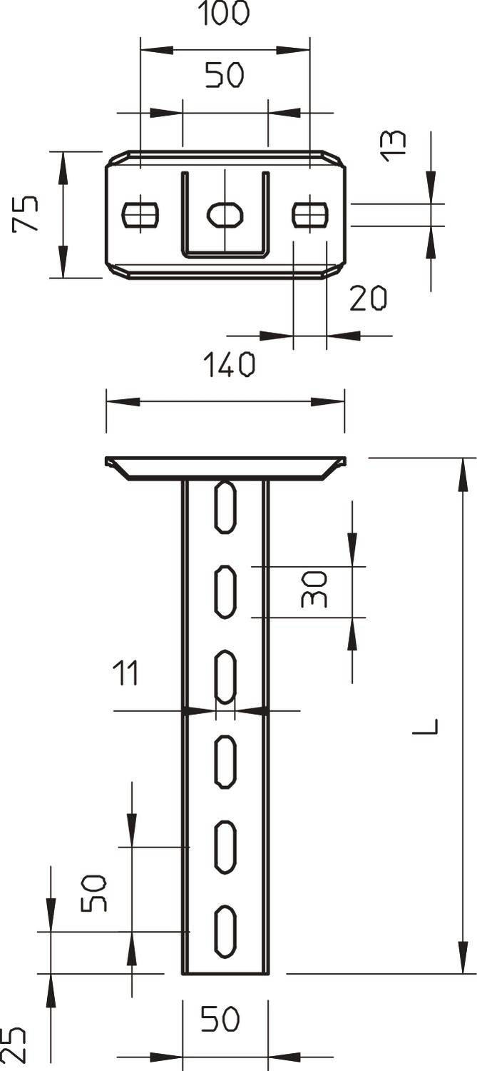 Technische Zeichnung eines Metallscharniers mit Abmessungen in Millimetern. Zeigt Vorder- und Seitenansicht mit Löchern zur Befestigung.