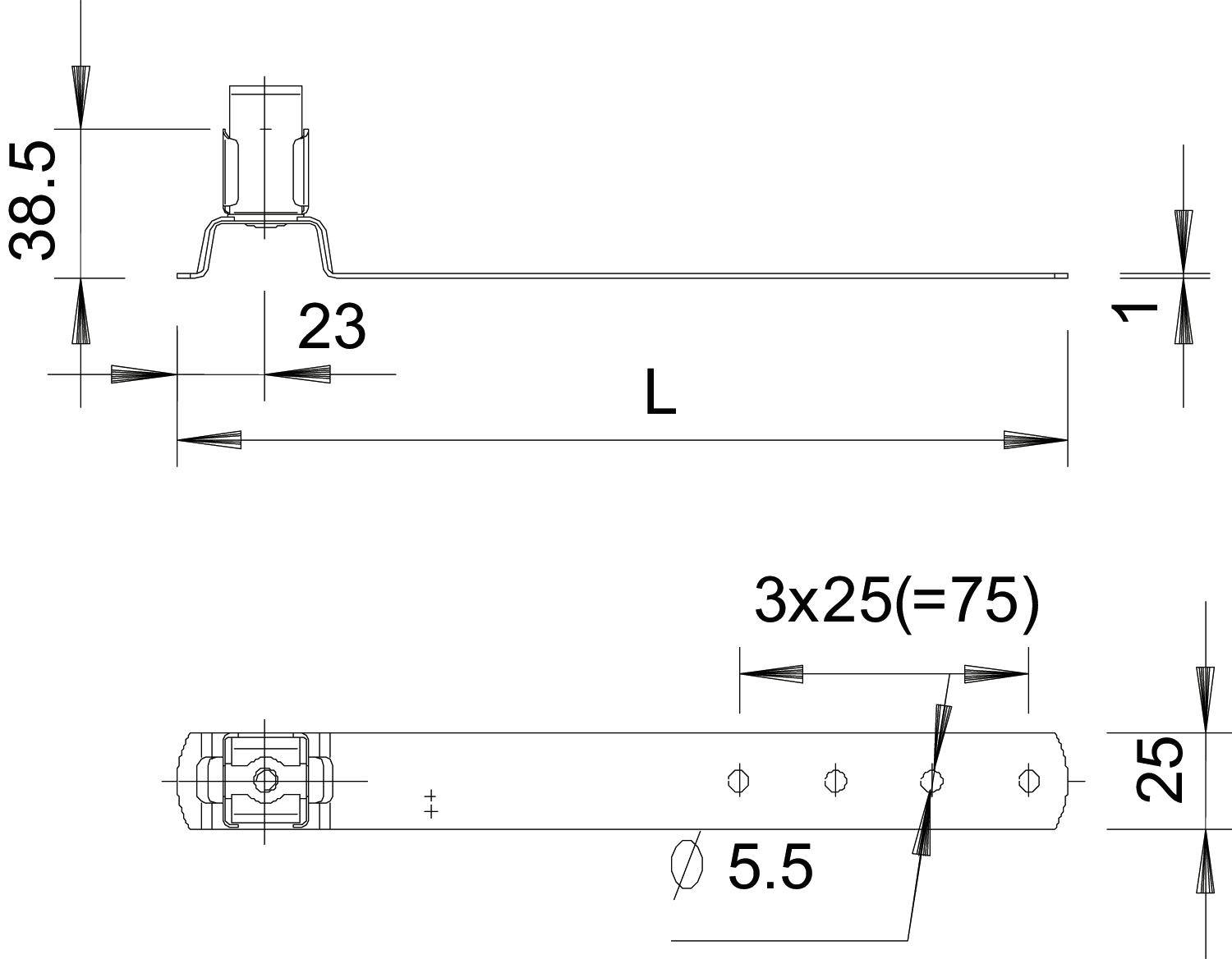Technische Zeichnung eines Metallteils mit Maßen: Höhe 38,5 mm, Breite 23 mm, Länge L. Lochgrößen 3x25 mm und 5,5 mm gezeigt.