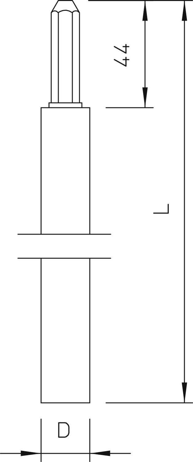 Lineare technische Zeichnung eines zylindrischen Metallstifts mit Abmessungen: Länge 'L', Durchmesser 'D', und obere Länge '44'.