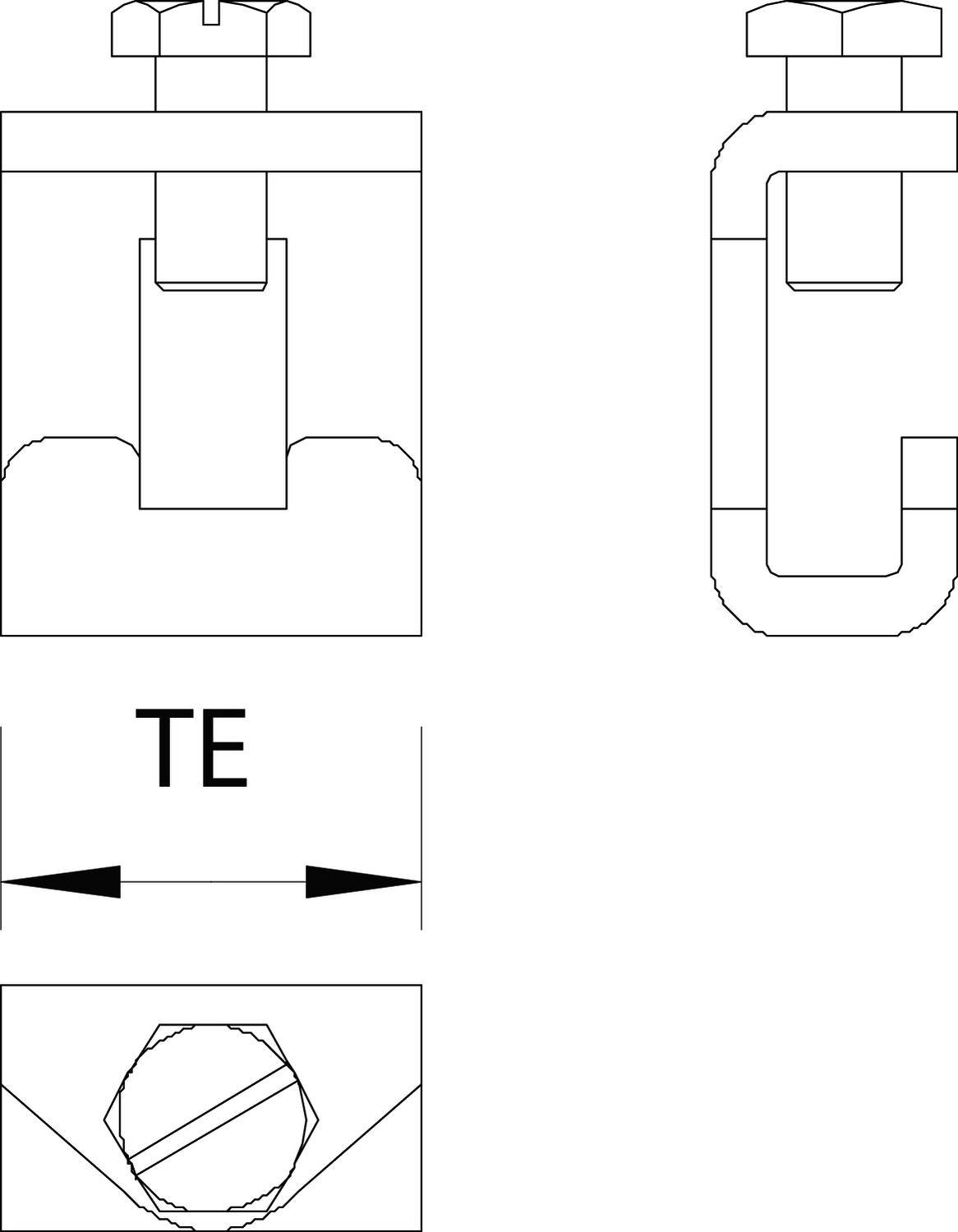 Technische Zeichnung eines Spannwerkzeugs mit Seiten- und Frontansicht, inklusive Maßangabe 'TE' und Detailansicht des Schraubenkopfes.